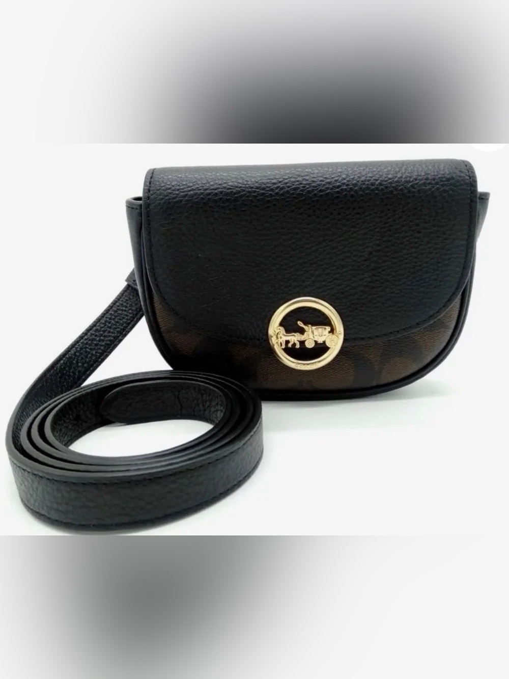 Coach Jade Mini Belt Bag 2-Tone Black Leather & Brown Signature Logo